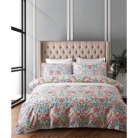 Luxury Duvet Cover Vintage Portuguese Tiles Multicolored Azulejos Medallion Denim Blue Pattern 3 Piece Cotton Bedding Set (Bird and Rose, Super King)