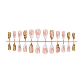 White French Tip Press on Nails 5D Gold Rose Fake Nails with Rhinestone Design Star Glue on Nails Glossy Acrylic Full Cover Nude Stick on Nails Medium Almond False Nails for Women Manicure 24Pcs