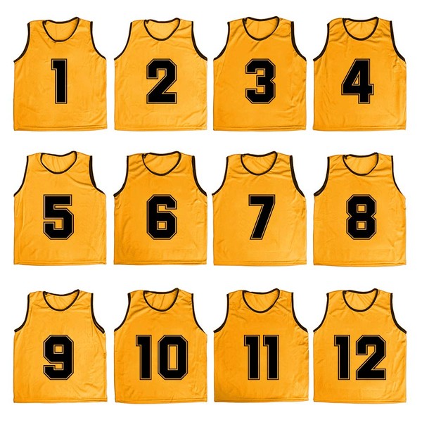 TOPTIE Numbered/Blank Scrimmage Team Practice Mesh Jerseys Vests Pinnies (12-Pack)-Yellow (#1 to 12)-Child