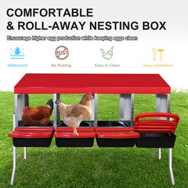 KERTY Chicken Nesting Box, 4 Compartment and Legs Nest Boxes for Chicken Coop Hens Poultry, Heavy Duty Roll Away Egg Laying Box with Lid Cover and Perch to Protect Eggs