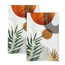 Mid Century Dish Towels 16x24 inches Pack of 2, Boho Modern Abstract Orange Gold Sunset Kitchen Towels,Hand Towels,Bohemian Style Tropical Leaf Bathroom Decor for Home Decor
