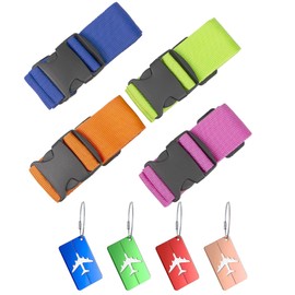 Pack of 4 Luggage Straps & 4 Luggage Tags, Luggage Strap, Eye-catching Luggage Strap, Adjustable Luggage Strap with Address Label for Suitcase, Travel Accessories, Luggage Strap for Secure Closure