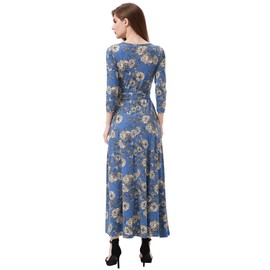 Aphratti Maxi Dresses for Women 2024 Casual Fall 3/4 Sleeve Faux Wrap V Neck Floral Flowy Long Maxi Dresses Blue X-Large