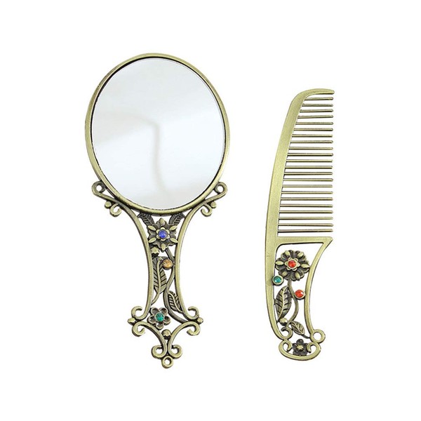 Mobestech Makeup Mirror Comb Set Antique Brush Vintage Metal Portable Hair Groomer Comb Gift for Lady Woman (mixed Pattern)