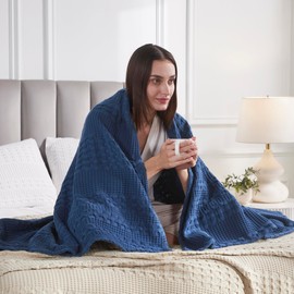 VHC Brands 100% Cotton Waffle Weave Navy Blue Throw 50x60, Decorative Cotton Throw Blanket, Boho Farmhouse Bedroom, Living Room Decor for Bed, Couch, or Sofa