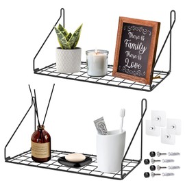 Wall Floating Shelves 2 Pack, No Drill Adhesive Mount, Black Metal Hanging Shelf, Storage Bookshelf Rack for Bathroom, Bedroom, Kitchen, Laundry, Dorm, Office, Garage, Decor Display and Organization