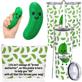 Singhoow 3 Pcs Christmas Positive Pickle Gifts Employee Appreciation Gifts 20 oz Pickle Stainless Steel Tumbler with Lid Straw Emotional Support Pickle Cosmetic Bag Pickle Stress Ball for Coworker