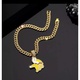 YIWU MINNESOTA VIKINGS GEM NECKLACE Gold Bling Football Pendant & 20"Chain