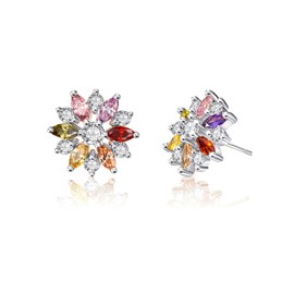 VONSSY Colourful Multi Gemstone Stud Earrings Rose Gold Cubic Zirconia Snowflake Flower Crystal Statement Garnet Amethyst Morganite Jewellery Gift for Lady Girl Mom Wife, Crystal, Cubic Zirconia