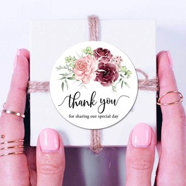 Burgundy Floral Thank You Stickers, 2 Inch Wedding Bridal Baby Shower Party Labels 40pack