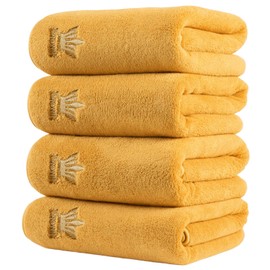 4-piece Coral Fleece Microfiber Bath Towel Set, Exquisite Crown Embroidery Style, Super Absorbent, Multiple Colors to Choose from, Suitable for Home, Bathroom, Hotel and Gym （Yellow）