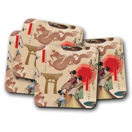 4 Set - Geisha Drawings Coaster - Chinese Japanese Cartoon Boys #12784