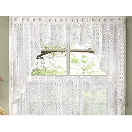 Sweet Home Collection Old World Style Floral Heavy Lace Kitchen Curtain Swag Pair, Hopewell White
