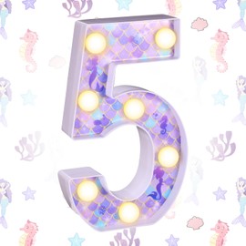 Mermaid Number Light, Height 8.36in Premium Plastic Number Mermaid LED Light Glowing Purple Mermaid Party Lights for Party Birthday Celebration Decoration (Number 5)