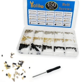 450 Pcs Nickel Plated Tip Screws Pointed Cross Slot Leather Accessories 3 Colors 5 Sizes Belt Screws Include M2x3，M2.5x4，M2.5x6，M3x5，M3x8 with 2mm Screwdriver for Belt Buckle Wallet Handbag Purse