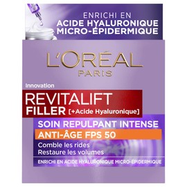 L'Oréal Paris - Intense Anti-Ageing Care SPF 50 - Day Cream with Hyaluronic Acid with UV Protection - Wrinkles & Wrinkles - For All Skin Types - Revitalift Filler - 50 ml