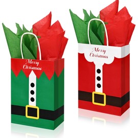 12 Pcs Christmas Gift Bags with Tissue Paper Santa Claus Bag with Handle Christmas Elves Gift Bags Present Wrapping Bags Candy Goodie Bags for Xmas Holiday Birthday Party Supplies