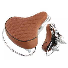 F&R NEW! 10" LONG BEACH CRUISER VINYL SADDLE IN A DIAMOND STYLE WEB SPRING IN BROWN.