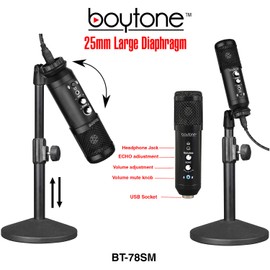 Boytone BT-78SM, Professional Cardioid Studio Recording Mic 25mm Diaphragm USB Microphone Streaming Vocal Recording, Podcasting Condenser Microphone for PC and Mac, Quality Sound, Plug & Play