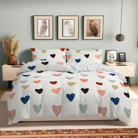 Gohytal Bed Linen with Hearts, Set of 2, 135 x 200 cm, White with Colourful Hearts Duvet Cover Bedding and Pillowcase 80 x 80 cm, Microfibre Bedding Set, Gift Bed Linen Hearts for Girls Children