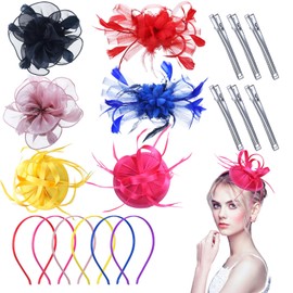 Roshtia 6pcs DIY Women Fascinator Hats for Derby Party, DIY Fascinator Hats Flower Mesh Feather on Headband with Hair Clips for Tea Party Wedding (Vivid)