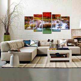 Kreative Arts XLarge Canvas Print for Living Room Decoration Stretched 5 Panels Green Dreamlike Waterfall Painting Wall Art Picture Print on Canvas- High Definition Modern Home Decor