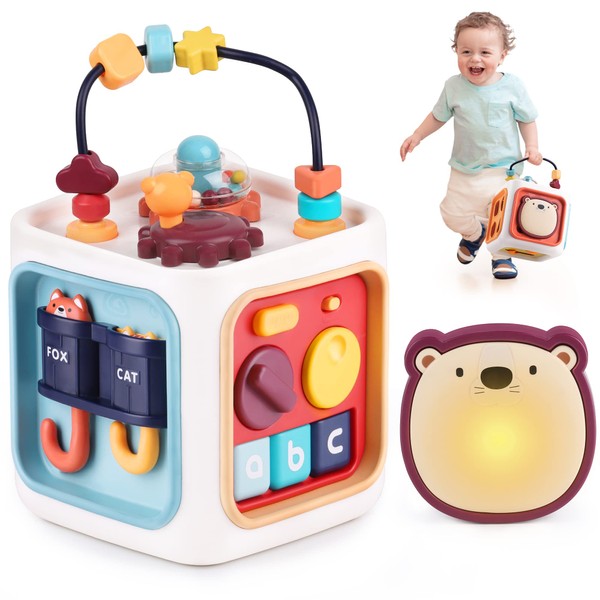 iPlay, iLearn 6 in 1 Activity Center Cube for Baby 6-12-18 Month, Toddler Busy Board Learning Toy 1 2 3 Year Old, Infant Portable Musical Drum Shape Sorter, Developmental Babies Boy Girl Birthday Gift