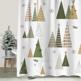 Geometric Modern Design Christmas Shower Curtain Christmas Tree Bathroom Home Office Holiday Wall Decoration as Tapestry and Photo Booth Backdrop Gold Green White Printed
