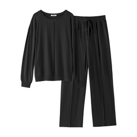 Ekouaer Pajama Sets for Women 2 Piece Lounge Sets Long Sleeve Sleepwear Top and Pants Cozy Pjs Loungewear with Pockets,Black,Large