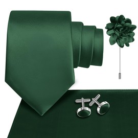 TASTION Dark Green Ties Set for Men, Emerald Green Necktie and Lapel Pin Woven Handkerchief Cufflinks Set for Wedding Party