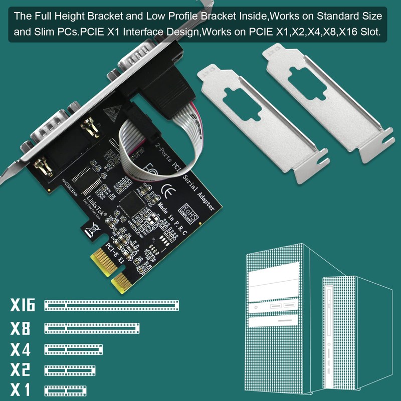 LinksTek 2-Port PCI Express RS-232 DB9 Serial Port Card for