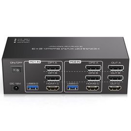 TJCXELE 8K60Hz HDMI+2Displayport KVM Switch 3 Monitors 2 Computers USB 3.0 KVM Switches Sharing Multiple Monitors and 4 USB Devices Supports Extended Mode & Copy Mode with 12V Adapter