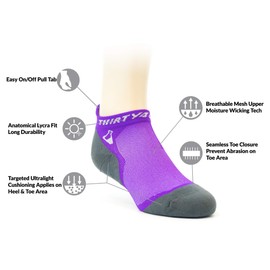 Thirty48 Calcetines deportivos ultraligeros para correr para hombres y mujeres con puntera sin costuras, absorbe la humedad, acolchado, 3 pares: morado/gris., Pequeño