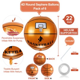 6 Pack Giant 22 Inch Basketball Foil Balloons 4D Sephere Mylar Football Balloons Helium Metallic Balloons for Birthday Party Sports Themed World Cup Party Decorations
