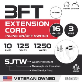 Iron Forge Cable 3 Ft White Outdoor Extension Cord with IP65 Inline Switch On/Off, 16/3 SJTW 3 Prong Waterproof Switch - 10 AMP Cord - ETL Listed