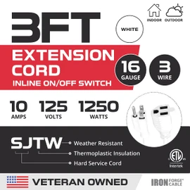 Iron Forge Cable 3 Ft White Outdoor Extension Cord with IP65 Inline Switch On/Off, 16/3 SJTW 3 Prong Waterproof Switch - 10 AMP Cord - ETL Listed
