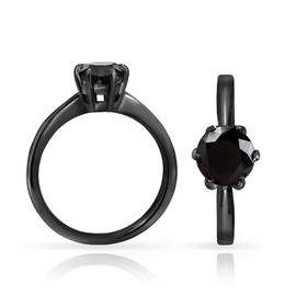 Stainless Steel Solitaire Black Cubic Zirconia 7mm Round Cut Engagement Wedding Band Ring, Black Tone Size 12.5