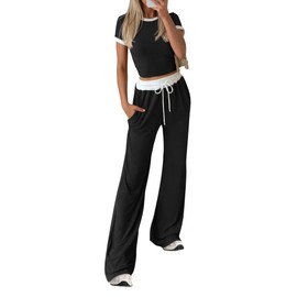 BTFBM Womens 2 Piece Outfits Summer Casual Short Sleeve Crew Neck Cropped Tops Elastic Waist Wide Leg Pants Lounge Set(Black, Medium)