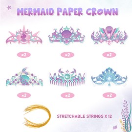 Mermaid Party Crowns - 12 Pcs Birthday Party Hats Glitter Crowns for Girls Princess Crown for Birthday Party Supplies