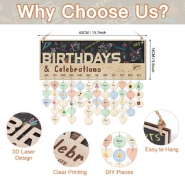 CHDITB 3D Classroom Birthday Chart Wall Hanging(16"x6"), Wooden Birthday Calendar Reminder for Classroom Students Kids, Funny Blackboard Theme Birthday Board Tracker with 100 Round Heart Tags