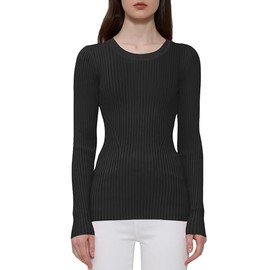 v28 Women Sweaters Tops Retro Round Neck Ribbed Knitted Pullover Fashion Fall Sweater(L,Black)