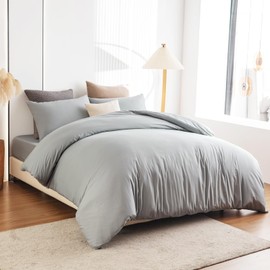 Soifox Double Duvet Cover Set - Grey Bedding Set Double Bed with Zipper Closure, Soft Microfiber Duvet Cover with 2 Pillowcases, Gray