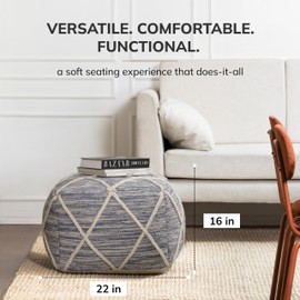 Anji Mountain 100% Handmade & Handcrafted Comfortable Home Décor Pouf Ottoman Footrest for Living Room, Bedroom, Nursery, Kidsroom, Patio Furniture - (22" x 22" x 16"- Ivory,Blue)