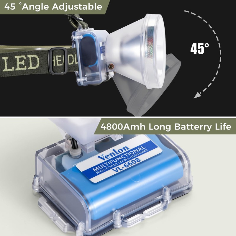 Venlon Rechargeable Diving Headlamp, 4 Modes Headlight with Battery Level