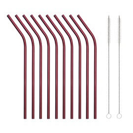 10 Pcs Stainless Steel Straws, Reusable Drinking Straws, Bent Metal Straw Sets with 2 Pcs Cleaning Brushes (Red, 8.5 Inch)