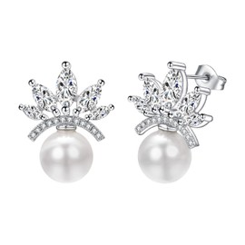 Vissen White Pearl Earrings Women's Crown Zirconia Silver Earrings Freshwater Pearl Stud Earrings Fashion Jewellery, Cubic Zirconia