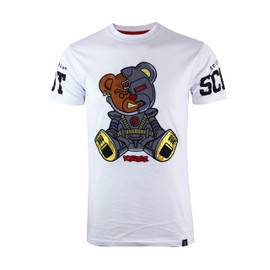 SCREENSHOT-S1156 Mens Hip-Hop Premium Fashion Tee - Cyborg Cartoon Teddy Bear Patch Embroidery Chain Stitch Gel Print T-Shirt-White-Small