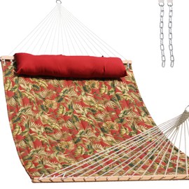 Lazy Daze Hammocks 12 FT Quilted Fabric Hammock with Spreader Bar, 2-Person Double Hammock with Chains and Pillow, Outdoor Hammock for Outside Patio Poolside Backyard Beach, 450 lbs Capacity, Red Leaf