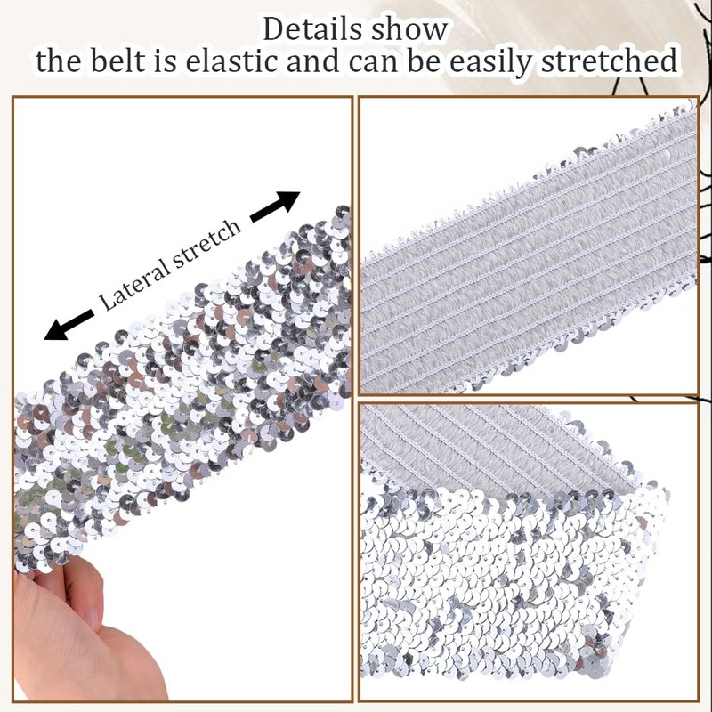 CABODYALS 73mm Silver Wide Elastic Glitter Sequin Dance Belt for