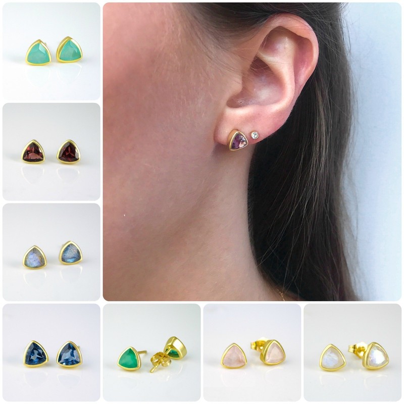 Pink Quartz triangle stud earrings, everyday earrings, Vermeil Gold bezel